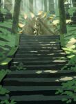  absurdres architecture closed_eyes dappled_sunlight day east_asian_architecture grass highres hyogonosuke multiple_tails ninetales no_humans outdoors pokemon pokemon_(creature) sleeping sleeping_upright solo stairs sunlight tail 