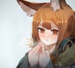  1girl animal_ears ao_oni_(onioni-aoi) arknights black_jacket breath brown_eyes brown_hair fur-trimmed_jacket fur_trim grey_background hands_up headphones headphones_around_neck highres jacket long_hair long_sleeves portrait ratatos_browntail_(arknights) simple_background solo squirrel_ears squirrel_girl 