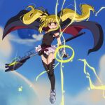  1girl arm_belt bardiche black_leotard black_thighhighs blonde_hair blue_sky cape fate_testarossa fingerless_gloves floating full_body gloves glowing highres leotard long_hair looking_at_viewer lyrical_nanoha mahou_shoujo_lyrical_nanoha miniskirt nanaeljustice pink_skirt red_eyes skirt sky solo thighhighs twintails 