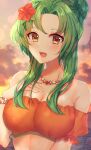  1girl :d bangs bare_shoulders bead_bracelet bead_necklace beads bikini bracelet cloud edamameoka elincia_ridell_crimea fire_emblem fire_emblem:_radiant_dawn fire_emblem_heroes flower green_hair hair_flower hair_ornament hand_on_own_chest highres jewelry long_hair looking_at_viewer necklace off-shoulder_bikini off_shoulder open_mouth orange_bikini outdoors puffy_short_sleeves puffy_sleeves red_flower short_sleeves smile solo stomach sunset swimsuit upper_body yellow_eyes 