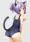  1girl animal_ears ass bangs bare_shoulders blue_swimsuit blush cat_ears cat_tail clenched_hand commentary_request cowboy_shot from_behind grey_background highres looking_back one-piece_swimsuit open_mouth original ponytail purple_eyes purple_hair shibacha short_hair simple_background solo standing swimsuit tail 