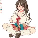  1girl bangs bow bowtie breasts brown_eyes brown_hair clothes_around_waist color_guide gyaru hands_on_own_chest idolmaster idolmaster_cinderella_girls large_breasts limited_palette long_hair looking_at_viewer one_side_up open_mouth school_uniform shimamura_uzuki shirt shoes skirt smile socks solo toriga_naku white_background white_shirt 