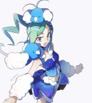  1girl :d aqua_eyes arm_warmers blush buttons collarbone earrings eyelashes green_hair happy highres jewelry lisia_(pokemon) long_hair navel olopheris on_head on_shoulder open_mouth pokemon pokemon_(creature) pokemon_(game) pokemon_on_head pokemon_on_shoulder pokemon_oras shorts shorts_under_skirt showgirl_skirt simple_background smile swablu twitter_username white_background 