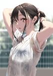  1girl adjusting_hair blurry blurry_background brown_eyes brown_hair commentary_request jonsun looking_at_viewer original parted_lips ponytail shirt solo upper_body wet wet_clothes wet_hair wet_shirt white_shirt 
