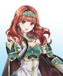  1girl :d bare_shoulders black_gloves breasts celica_(fire_emblem) cleavage earrings fingerless_gloves fire_emblem fire_emblem_echoes:_shadows_of_valentia fire_emblem_heroes gloves gradient gradient_background highres jewelry kakiko210 medium_breasts official_alternate_costume open_mouth red_eyes red_hair simple_background smile solo tiara two-tone_dress upper_body 