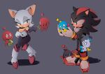  1boy 1girl bat_girl bat_wings biting boots bracelet breasts chao_(sonic) cleavage crossed_arms elbow_gloves fang full_body furry furry_female gloves green_eyes grey_background highres holding isa03re jewelry master_emerald open_mouth red_eyes rouge_the_bat shadow_the_hedgehog shoes simple_background sonic_(series) standing white_gloves wings 