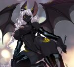 anthro big_breasts breasts chiropteran clothed clothing female genitals hair luckypan mammal nipple_piercing nipples piercing pussy smile solo wings 