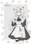  1girl alternate_costume animal_ears apron arknights black_dress black_nails black_wristband bloody_apron blue_eyes character_name collar cowboy_shot dress enmaided food_request hair_between_eyes hands_up infection_monitor_(arknights) italian_text lappland_(arknights) long_hair looking_at_viewer maid red_(girllove) revision scar scar_across_eye solo speech_bubble tail thigh_strap white_apron white_collar white_hair wolf_ears wolf_girl wolf_tail 