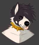  akita anthro black_body black_ears black_eyebrows black_fur black_hair black_nose blep bust_portrait canid canine canis cheek_tuft collar domestic_dog eyebrows facial_tuft fangs front_view fur glistening glistening_eyes gold_(metal) gold_collar gold_spikes grey_background hair hi_res inner_ear_fluff kaden_(princelykaden) looking_aside male mammal messy_hair narrowed_eyes neck_tuft pink_tongue portrait princelykaden simple_background solo spiked_collar spikes spitz tan_teeth tongue tongue_out tuft white_body white_fur white_inner_ear white_inner_ear_fluff 
