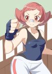  1girl 34_(sanjushi) bandaid bandaid_on_face bandaid_on_nose blue_gloves breasts closed_mouth fingerless_gloves gloves highres looking_at_viewer maylene_(pokemon) pink_eyes pink_hair pokemon pokemon_(game) pokemon_dppt short_hair smile solo 