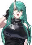  1girl ababababa_abya arknights armpits gloves green_hair highres horns hoshiguma_(arknights) long_hair open_mouth simple_background solo upper_body yellow_eyes 