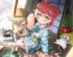  1girl 35p_(sakura_miko) ahoge bangs bare_legs blue_kimono blush double_bun earrings flower frilled_kimono frills green_eyes hair_between_eyes hair_bun hair_flower hair_ornament hand_fan holding holding_fan hololive japanese_clothes jewelry kimono kintoki_(sakura_miko) kito_koruta long_sleeves looking_at_viewer nail_polish obi paper_fan parted_lips pink_nails plate print_kimono red_hair sakura_miko sash signature sitting soaking_feet solo striped striped_kimono uchiwa vertical-striped_kimono vertical_stripes virtual_youtuber watermelon_slice wooden_floor 