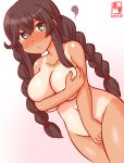  1girl artist_logo bangs blush braid breasts brown_hair cleavage commentary_request completely_nude covering covering_breasts covering_crotch cowboy_shot dated gradient gradient_background green_eyes kanon_(kurogane_knights) kantai_collection long_hair looking_at_viewer nose_blush noshiro_(kancolle) nude one-hour_drawing_challenge one-piece_tan solo swept_bangs tan tanlines twin_braids white_background 