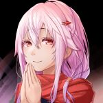  1girl blush close-up closed_mouth fattybot guilty_crown hair_between_eyes hair_ornament hairclip long_hair looking_at_viewer own_hands_clasped own_hands_together palms_together pink_hair praying red_eyes smile solo twintails yuzuriha_inori 