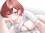  1girl 1z10 ;| bottomless breasts breasts_out brown_hair cleavage clothes_lift collarbone hand_on_own_cheek hand_on_own_face higuchi_madoka idolmaster idolmaster_shiny_colors looking_at_viewer lying medium_breasts mole mole_under_eye naked_shirt nipples on_side red_eyes shirt shirt_lift simple_background solo underwear white_shirt 