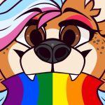 anthro black_nose blue_hair brown_eyes canid canine eyeshadow fangs fox hair highlights_(coloring) hyaenid lgbt_pride makeup mammal multicolored_hair pink_eyeshadow pride_color_flag pride_colors solo spots spotted_face spotted_hyena starthewerewolf thirsty_(thirstydraws) 