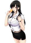  1girl belt black_hair black_skirt blush breasts buttons cleavage collarbone food highres holding holding_food indie_virtual_youtuber open_mouth red_eyes shirt simple_background skirt solo umino_ciala virtual_youtuber watch white_background white_shirt wristwatch xter 
