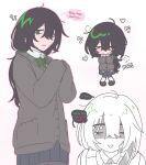  1girl ? bandage_on_cheek black_hair black_skirt blush bow bowtie collared_shirt commentary degrees_of_lewdity english_commentary english_text green_bow green_bowtie green_eyes green_scrunchie hair_between_eyes hair_ornament hair_scrunchie heart highres kylar_(degrees_of_lewdity) kylar_(female)_(degrees_of_lewdity) mole mole_under_each_eye mole_under_eye multiple_moles open_mouth red_pupils rottingforyu scrunchie shirt skirt smile socks solo speech_bubble thought_bubble white_socks 