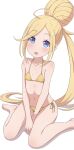  1girl :o absurdres ahoge arms_between_legs bare_arms bare_legs bare_shoulders barefoot bikini blonde_hair commentary_request feet flat_chest gold_bikini hair_bun highres long_hair looking_at_viewer na-suke open_mouth re:zero_kara_hajimeru_isekai_seikatsu rui_arneb side-tie_bikini_bottom simple_background single_hair_bun sitting solo string_bikini swimsuit toes very_long_hair wariza white_background 