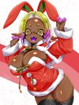  1girl :d alternate_breast_size_(larger) alternate_costume animal_ears arms_up blonde_hair bow breasts cleavage colored_extremities colored_eyelashes colored_tongue commentary_request cross-shaped_pupils dark-skinned_female dark_skin dress dutch_angle fangs frye_(splatoon) fur-trimmed_dress fur-trimmed_shrug fur_trim gradient_hair highres inkling large_breasts long_pointy_ears long_sleeves looking_at_viewer multicolored_hair open_mouth orange_pupils panties pentagon_(shape) pink_background pointy_ears purple_hair purple_tongue rabbit_ears red_background red_dress red_panties red_shrug ribbon santa_costume santa_dress short_dress short_eyebrows shrug_(clothing) signature smile solo splatoon_(series) splatoon_3 star_(symbol) strapless strapless_dress striped_bow striped_ribbon symbol-shaped_pupils t2ukmyjm tentacle_hair thighs underwear white_background yellow_eyes 