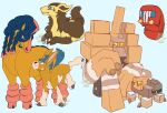  aqua_background aqua_eyes artist_name blue_eyes charjabug claws closed_mouth colored_sclera commentary english_commentary garganacl grin hand_on_own_knee hand_on_own_leg kneeling mightyena mudbray mudsdale naclstack no_humans nostrils orange_sclera pokemon pokemon_(creature) pokemon_focus rodentbloodart simple_background smile square_pupils teeth watermark yellow_eyes 