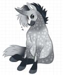  &lt;3 ambiguous_gender black_body black_eyebrows black_fur black_mane equid equine eyebrows feral fur grey_body grey_ears grey_fur grey_hooves grey_mane grey_tail half-closed_eyes hi_res hooves horn leg_markings looking_aside lou_(princelykaden) mammal mane markings narrowed_eyes princelykaden simple_background sitting smile socks_(marking) solo spots spotted_body spotted_chest spotted_fur spotted_legs spotted_neck unicorn white_body white_fur white_inner_ear white_spots 