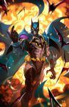  1boy armored_bodysuit bat_(animal) bat_mask batman batman_symbol belt black_gloves bodysuit bruce_wayne clawed_gloves comic_cover commentary cover cover_page dc_comics derrick_chew english_commentary explosion explosion_background gloves highres male_focus multicolored_bodysuit shoulder_spikes signature spikes textless_cover_page textless_version utility_belt 