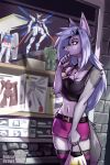 2:3 anthro belt black_belt black_clothing black_shirt black_tank_top black_topwear bottomwear canid canine canis clothing curious female freckles fur grey_body grey_fur grey_shoulders grey_tail gundam gundam_seed_destiny gunpla hair hand_on_chin legwear machine magenta_skirt mammal mecha midriff miniskirt mobile_suit mobile_suit_gundam model_kit navel pattern_clothing pattern_legwear pattern_stockings purple_hair roksodraws rx-78-2_(gundam) shirt shopping shopping_bag skirt slim_female solo stockings store strike_freedom_gundam striped_clothing striped_legwear striped_stockings stripes tail tank_top topwear toy_robot wolf yellow_eyes zaku_ii