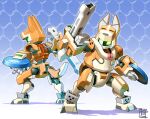  animal_ears arm_mounted_weapon bone brown_armor cannon clenched_hand dated dog_ears dog_tail frisbee green_eyes highres honeycomb_(pattern) honeycomb_background humanoid_robot mechanical_ears mechanical_tail medarot multiple_views original robot shadow signature standing tail tanimeso welsh_corgi 