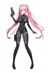  1girl absurdres black_bodysuit bodysuit breasts brown_eyes commentary_request commission full_body gun handgun highres holding holding_gun holding_weapon holster large_breasts long_hair looking_at_viewer multicolored_bodysuit mytea_(soso) original pigeon-toed pink_bodysuit pink_hair shiny_clothes skeb_commission skin_tight solo standing thigh_holster trigger_discipline twintails very_long_hair weapon white_background 