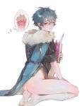  2boys absurdres alicevseliet artist_name ass blue_hair blush book borrowed_clothes bottomless closed_mouth coat eyelashes feet full_body fur-trimmed_coat fur_trim genshin_impact hair_between_eyes highres holding holding_book kneehighs lohen_(genshin_impact) looking_at_viewer looking_back male_focus multiple_boys one_eye_closed quill red_eyes short_hair simple_background sitting socks speech_bubble thighs thought_bubble varka_(genshin_impact) white_background white_socks yaoi 