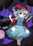  1girl absurdres apple blue_dress commentary_request curly_hair detached_sleeves dress eagle_spirit_(touhou) eye_print food fruit full_moon gozen_0416 grin highres holding holding_spoon horn_ornament horn_ribbon horns looking_at_viewer meandros moon oversized_object patterned_clothing petroleum pixel_art red_eyes red_horns red_sleeves ribbon sharp_teeth sheep_horns smile solo spoon teeth touhou toutetsu_yuuma utensil 
