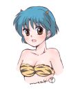  1girl :d animal_print bare_shoulders blue_hair breasts brown_eyes cleavage collarbone commentary_request cone_horns cosplay hanamutsuki horns lum lum_(cosplay) open_mouth ranma_1/2 short_hair small_horns smile solo strapless tendou_akane tiger_print urusei_yatsura white_background yellow_horns 
