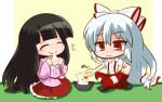  2girls black_hair blunt_bangs blunt_ends blush bow buttons chibi chibi_only closed_eyes closed_mouth collared_shirt commentary_request eating fire food frilled_skirt frills fujiwara_no_mokou full_body hair_bow hands_up highres hime_cut holding holding_food houraisan_kaguya indian_style jitome kajiya_no_masa long_hair long_sleeves multiple_girls no_nose ofuda ofuda_on_clothes one-hour_drawing_challenge pants pink_shirt puff_of_air pyrokinesis red_pants red_skirt red_trim shirt short_sleeves simple_background sitting skirt sound_effects split_mouth suspenders tofu touhou very_long_hair white_bow white_hair wide_sleeves 