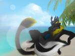  4:3 anthro black_body black_ears black_fur black_tail chin_tuft dipstick_ears facial_tuft fur grey_body grey_fur hi_res inner_ear_fluff male matthew_(requinard) multicolored_ears sergal sharp_teeth teeth tuft yellow_body yellow_ears yellow_eyes yellow_fur 