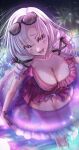  1girl absurdres breasts casual_one-piece_swimsuit chest_tattoo cleavage collarbone drill_hair drill_sidelocks eyewear_on_head frilled_innertube frills gloves highres hyakumantenbara_salome innertube kisiti_07 large_breasts leaning_forward looking_at_viewer naughty_face night nijisanji official_alternate_costume one-piece_swimsuit pool purple_hair raised_inner_eyebrows revision scorpion_tattoo sidelocks sunglasses swim_ring swimsuit tattoo virtual_youtuber wet 