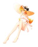  1girl 271 absurdres bakemonogatari bangs bare_legs bare_shoulders barefoot blonde_hair bow dress food food_in_mouth frilled_dress frills hat highres monogatari_(series) on_floor oshino_shinobu patterned_clothing popsicle popsicle_in_mouth sitting solo sun_hat yellow_eyes 