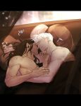  2boys bite_mark bite_mark_on_neck bite_mark_on_shoulder black_hair black_nails closed_eyes closed_mouth commentary drqw english_commentary english_text face-to-face geto_suguru gojo_satoru hand_in_another's_hair highres implied_after_sex jujutsu_kaisen long_hair lying male_focus multiple_boys muscular muscular_male nipples on_bed on_side pectorals pillow under_covers upper_body white_hair yaoi 