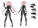  1girl black_bodysuit bodysuit breasts brown_eyes commentary_request commission flat_color from_behind full_body gun handgun highres holding holding_gun holding_weapon holster large_breasts long_hair looking_at_viewer multicolored_bodysuit mytea_(soso) original pigeon-toed pink_bodysuit pink_hair reference_sheet skeb_commission skin_tight solo standing thigh_holster trigger_discipline twintails very_long_hair weapon white_background 