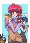  ... 2girls :p blue_background blue_hair blush_stickers bow braid brown_dress brown_overalls closed_mouth crepe dress english_commentary food frilled_sleeves frills hair_bow hair_ornament hairclip highres holding holding_crepe holding_food holding_wallet juliet_sleeves long_sleeves multiple_girls overalls p-chan_(ranma_1/2) piglet pink_lips pink_nails puffy_sleeves ranma_1/2 red_hair rusky saotome_ranma saotome_ranma_(female) single_braid spoken_ellipsis tendou_akane tongue tongue_out wallet 