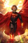  1boy absolute_dc absolute_superman black_hair cape clark_kent cloud cloudy_sky comic_cover commentary cover cover_page dc_comics derrick_chew english_commentary flying gold_bracer highres light_rays looking_at_viewer male_focus messy_hair multicolored_suit muscular muscular_male red_cape signature sky sunbeam sunlight superhero_costume superman superman_(absolute_dc) superman_logo textless_cover_page textless_version two-tone_suit 