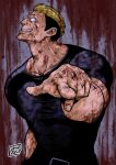  1boy belt black_belt black_hair black_pants black_shirt blonde_hair blood blood_on_body blood_on_wall crazy_eyes evil_grin evil_smile fatal_fury grin hand_in_pocket highres looking_at_viewer male_focus multicolored_hair muscular muscular_male pants pointing pointing_at_viewer sanpaku shirt short_hair short_sleeves smile solo taut_clothes taut_shirt the_king_of_fighters two-tone_hair uruooohasi yamazaki_ryuuji 