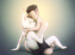  anthro black_hair domestic_cat duo embrace felid feline felis hair hug human male male/male mammal shirtless_anthro shirtless_male stampmats yellow_eyes 