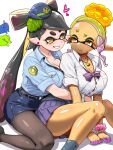  2girls alternate_breast_size_(larger) arms_between_legs belt black_belt black_hair black_pantyhose blonde_hair blue_shirt blue_skirt blush bound bound_wrists bow-shaped_hair breast_press breasts cleavage closed_mouth collarbone colored_extremities colored_eyelashes commentary_request cross-shaped_pupils cuffs dark-skinned_female dark_skin doodle_inset frye_(splatoon) gradient_hair hair_ornament handcuffs heart highres hug hug_from_behind inkling large_breasts long_pointy_ears looking_at_another marie_(splatoon) mole mole_under_eye multicolored_hair multiple_girls pantyhose parted_lips pencil_skirt pink_hair pointy_ears police police_uniform purple_hair school_uniform shirt shirt_tucked_in shiver_(splatoon) short_eyebrows side_slit sitting skirt solo splatoon_(series) splatoon_3 sweatdrop symbol-shaped_pupils t2ukmyjm tentacle_hair thighs white_shirt x_hair_ornament yellow_eyes 