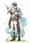  1boy 1girl arm_up beetle black_boots black_coat black_gloves black_hair black_pants black_skirt blank_eyes boots bra_strap bug butterfly closed_eyes coat commentary dan_heng_(honkai:_star_rail) dan_heng_(permansor_terrae)_(honkai:_star_rail) dragon_boy dragon_horns dragon_tail earclip english_commentary full_body gloves gradient_hair grass green_hair grey_hair heart hetero high_heel_boots high_heels highres holding holding_quill honkai:_star_rail honkai_(series) horns hug hug_from_behind lifting_person long_hair multicolored_hair pants parted_lips pointy_ears ponytail quill shirt simple_background skirt speech_bubble spoken_heart stelle_(honkai:_star_rail) tail tail_wrap thigh_strap trailblazer_(honkai:_star_rail) twitter_username very_long_hair vinsallyana white_background white_shirt 