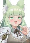  1girl absurdres animal_ear_fluff animal_ears arknights blush brown_ribbon brown_shirt cat_ears cat_girl fang finger_to_own_chin green_eyes green_hair harmonie_(arknights) highres jacket neck_ribbon open_mouth ribbon shirt skin_fang smile solo th3cr0ma white_jacket 