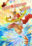  1boy absurdres aiming aiming_at_viewer bandages boots brown_overalls cape commentary_request full_body furol_nicoco highres holding holding_weapon male_focus mask one_piece overalls red_cape sash sogeking solo usopp weapon white_sash wristband 