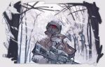  1other ambiguous_gender armor bare_tree border coat commentary duster duster_coat fallout fallout:_new_vegas gas_mask gloves gun helmet holding holding_gun holding_weapon irregular_border mask ncr_veteran_ranger other_focus outdoors rifle scope sniper_rifle snow solo tree trigger_discipline untranslatable_commentary upper_body weapon white_border yqqqqa 
