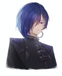  1girl black_cloak blue_hair cloak closed_mouth commentary crescent crescent_earrings earrings hair_over_one_eye jewelry looking_at_viewer manyuuu portrait promeia_(zenless_zone_zero) purple_eyes simple_background solo white_background zenless_zone_zero 