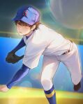  1boy baseball_(sport) baseball_cap baseball_uniform belt black_belt black_gloves blue_socks brown_eyes brown_hair compression_shirt daiya_no_ace full_body gloves hat heeri highres kneehighs layered_sleeves long_sleeves looking_at_viewer male_focus outdoors pants pants_tucked_in pitching sawamura_eijun short_over_long_sleeves short_sleeves socks solo sportswear standing standing_on_one_leg sweat 